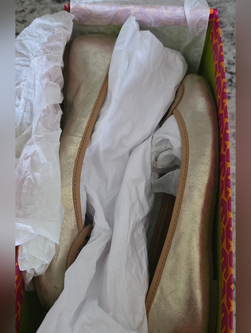 Tory Burch Platinum/Metallic Gold Leather Louisa Ballet Logo Flats - Picture 3 of 11